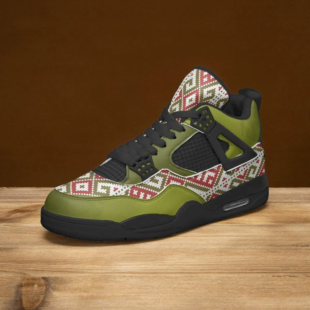 Olive green sneaker with geometric red and white pattern on wooden surface, Ivorynn luxury shoe