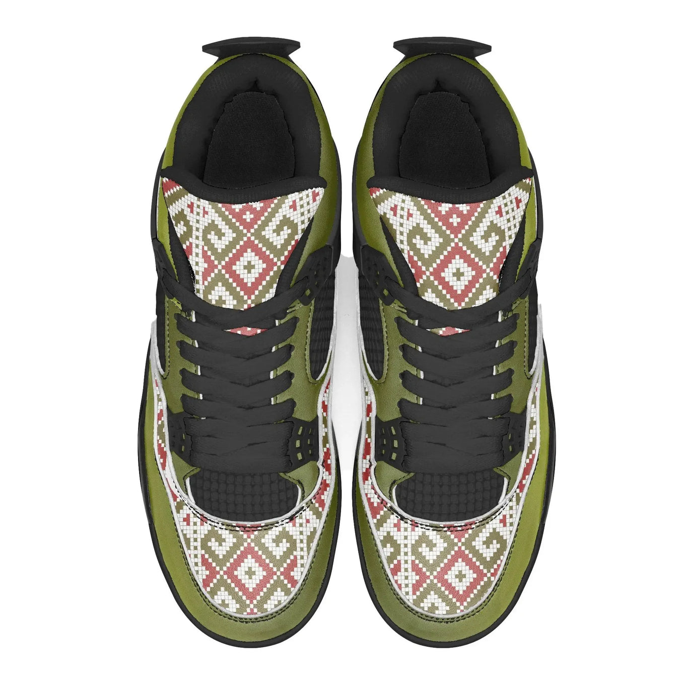 Olive green basketball sneakers with black laces and geometric patterned panels from Ivorynn