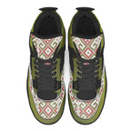 Olive green basketball sneakers with black laces and geometric patterned panels from Ivorynn