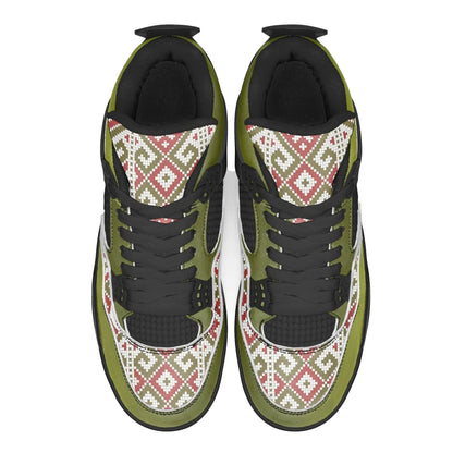 Olive green basketball sneakers with black laces and geometric patterned panels from Ivorynn