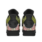 Back view of olive green and black basketball sneakers with red patterned accents, Ivorynn shoes