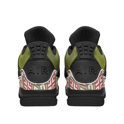 Back view of olive green and black basketball sneakers with red patterned accents, Ivorynn shoes