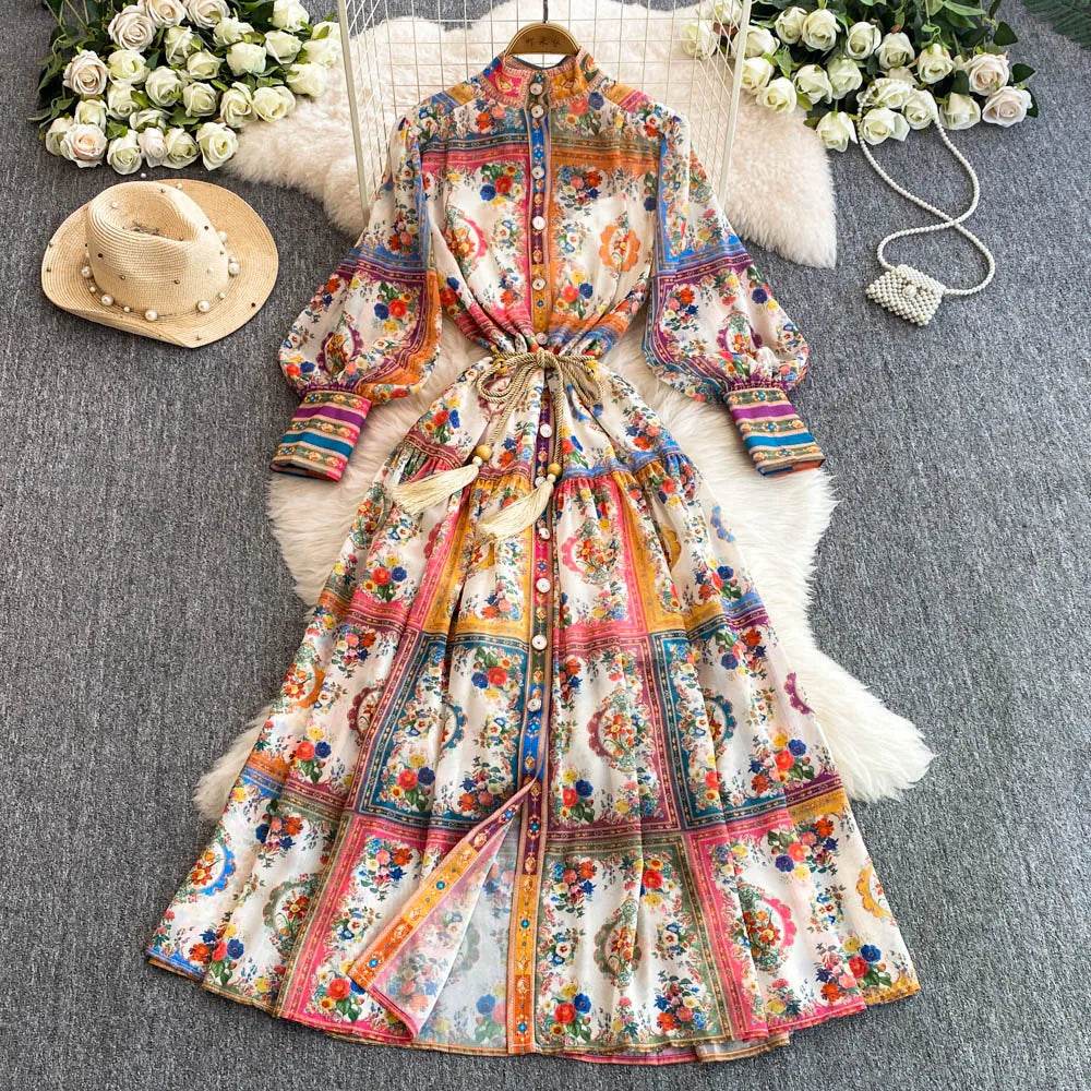 Stand-Up Collar Lantern Sleeve Long Skirt Vintage Dress - IVORYNN