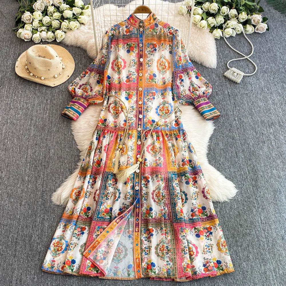 Stand-Up Collar Lantern Sleeve Long Skirt Vintage Dress - IVORYNN