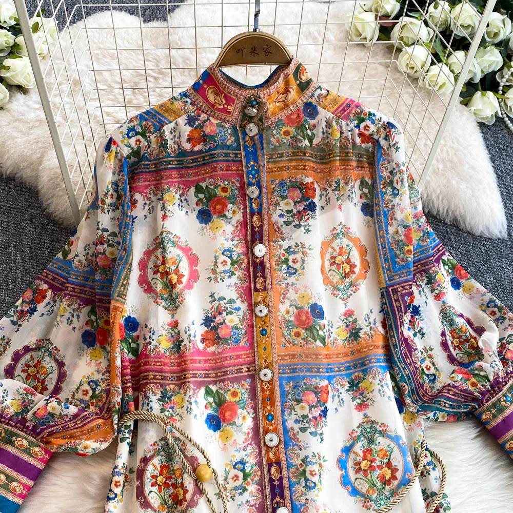 Stand-Up Collar Lantern Sleeve Long Skirt Vintage Dress - IVORYNN