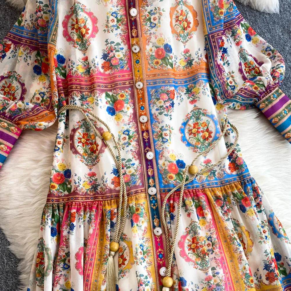 Stand-Up Collar Lantern Sleeve Long Skirt Vintage Dress - IVORYNN