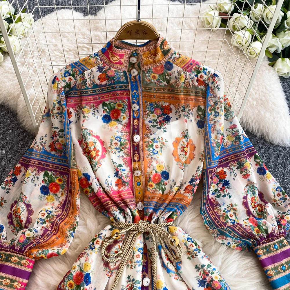 Stand-Up Collar Lantern Sleeve Long Skirt Vintage Dress - IVORYNN