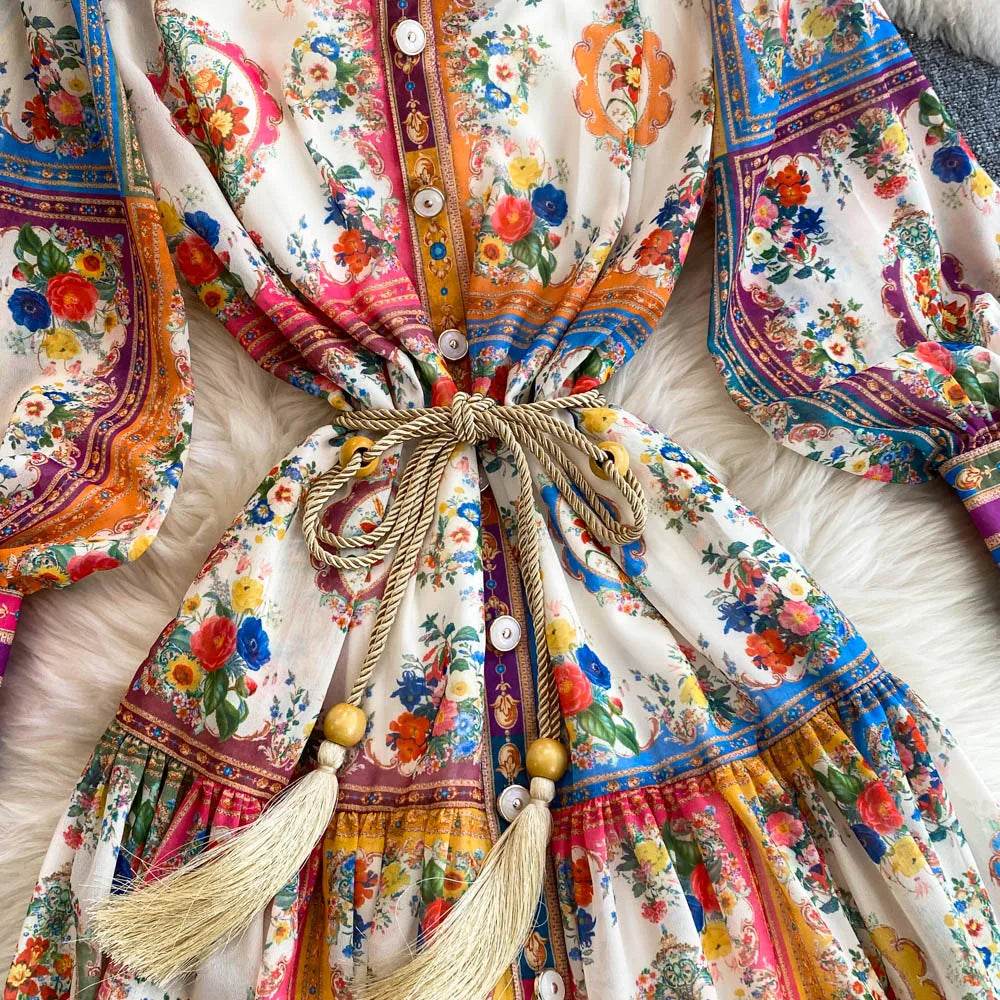 Stand-Up Collar Lantern Sleeve Long Skirt Vintage Dress - IVORYNN