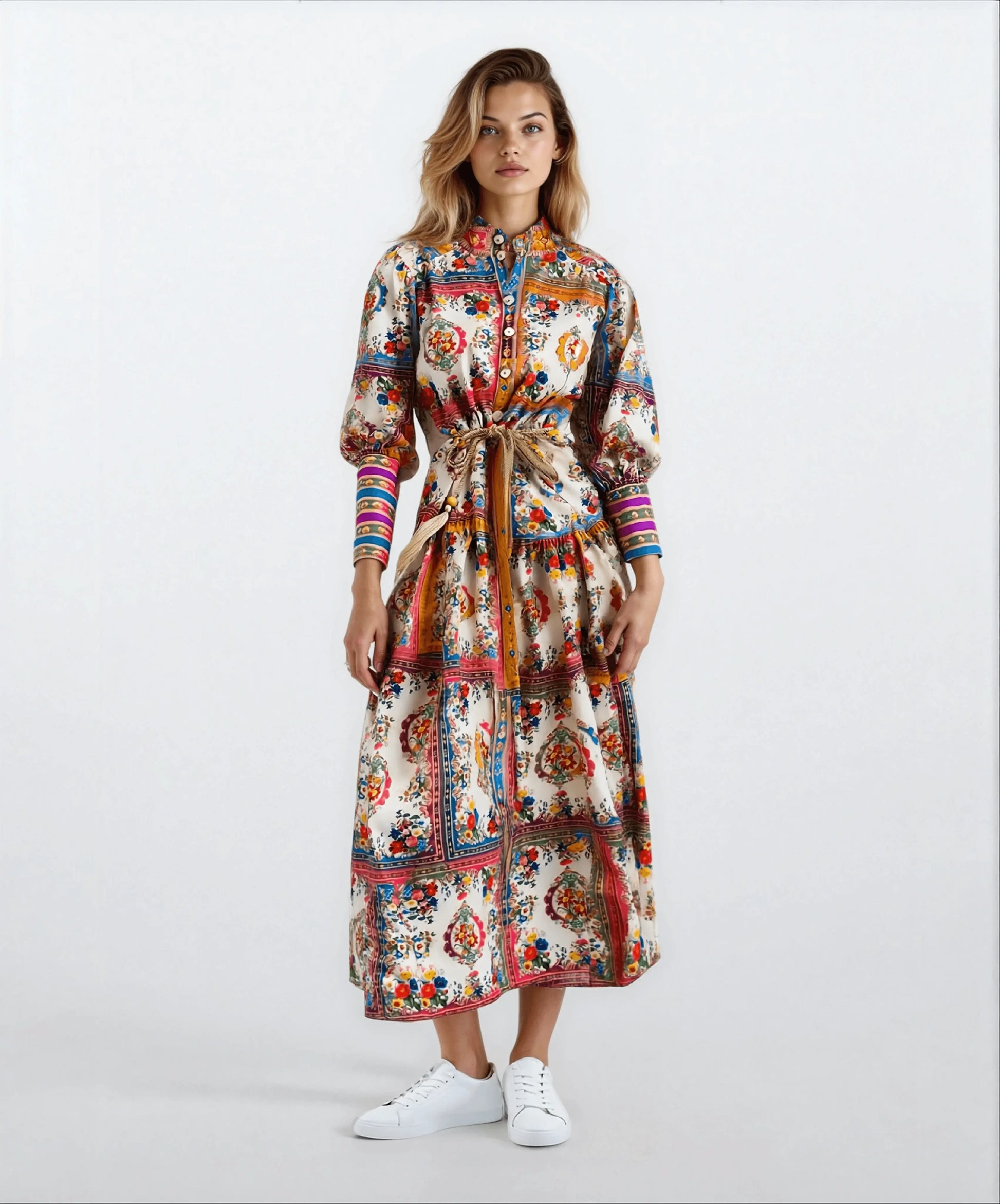 Stand-Up Collar Lantern Sleeve Long Skirt Vintage Dress - IVORYNN