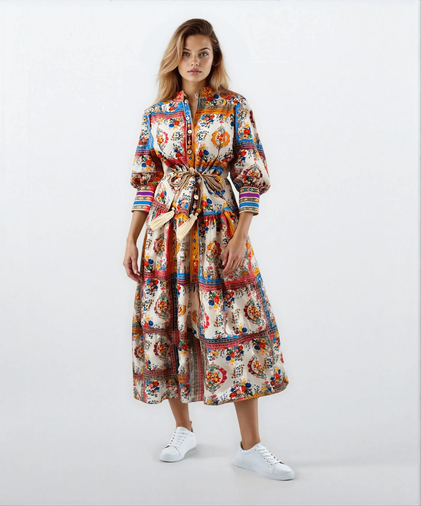 Stand-Up Collar Lantern Sleeve Long Skirt Vintage Dress - IVORYNN