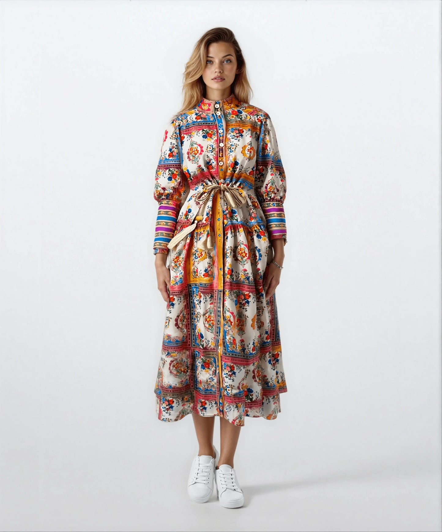 Stand-Up Collar Lantern Sleeve Long Skirt Vintage Dress - IVORYNN