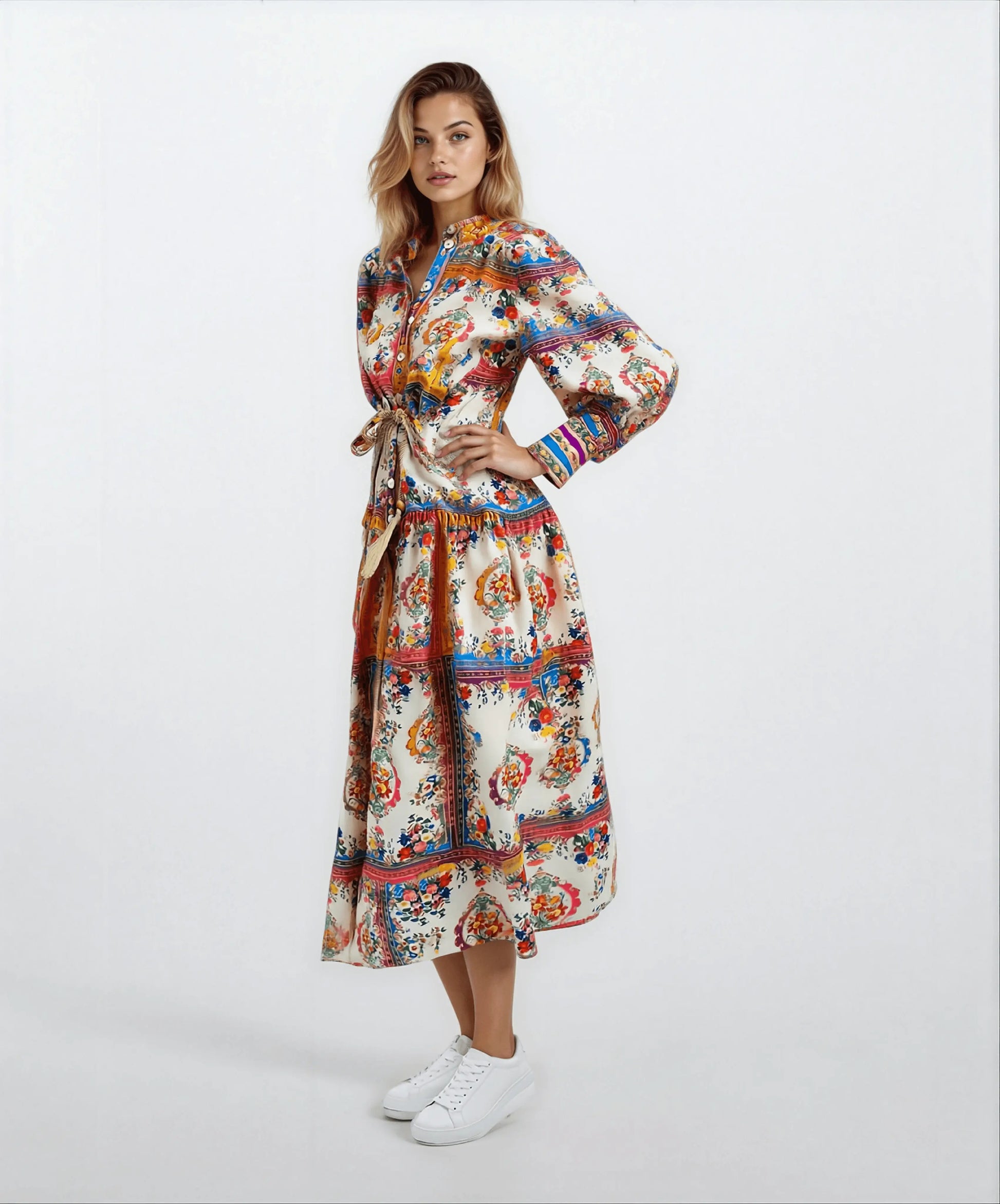 Stand-Up Collar Lantern Sleeve Long Skirt Vintage Dress - IVORYNN