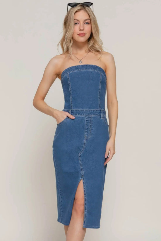 Stretch Denim Slit Tube Dress - IVORYNN