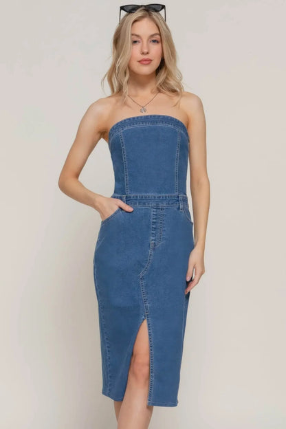 Stretch Denim Slit Tube Dress - IVORYNN