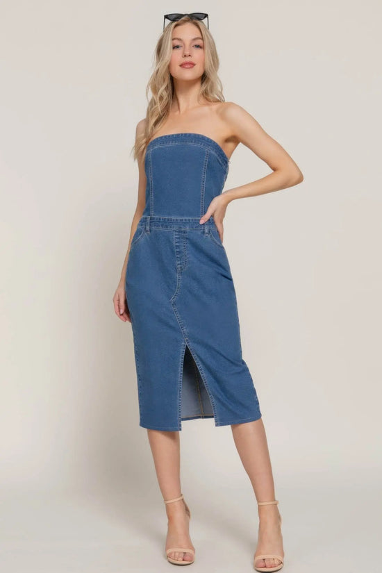 Stretch Denim Slit Tube Dress - IVORYNN