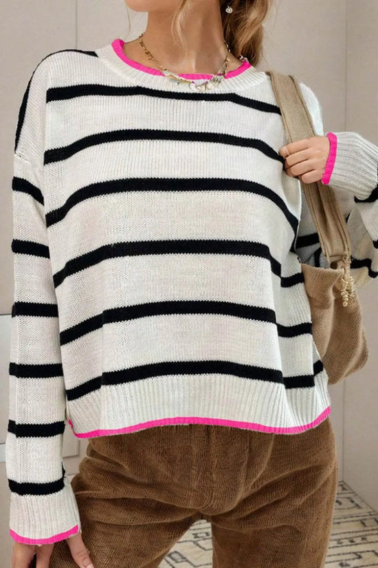 Stripe Contrast Trim Drop Shoulder Sweater - IVORYNN