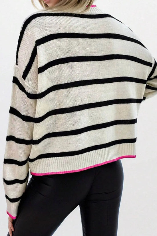 Stripe Contrast Trim Drop Shoulder Sweater - IVORYNN