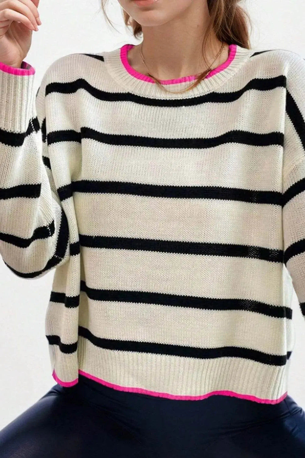 Stripe Contrast Trim Drop Shoulder Sweater - IVORYNN