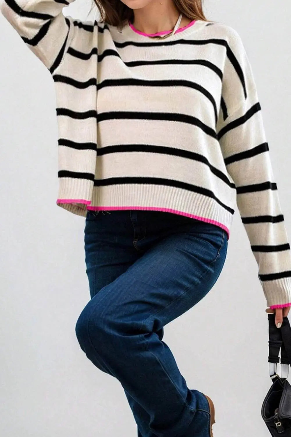 Stripe Contrast Trim Drop Shoulder Sweater - IVORYNN