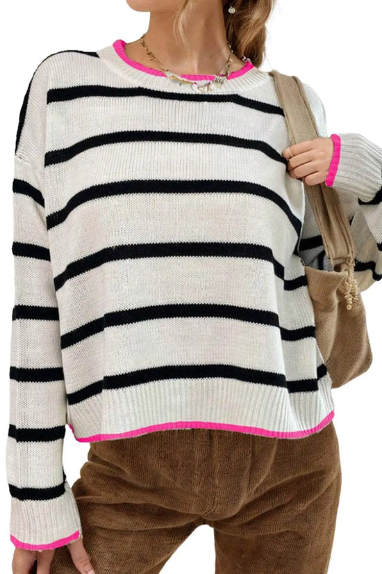 Stripe Contrast Trim Drop Shoulder Sweater - IVORYNN