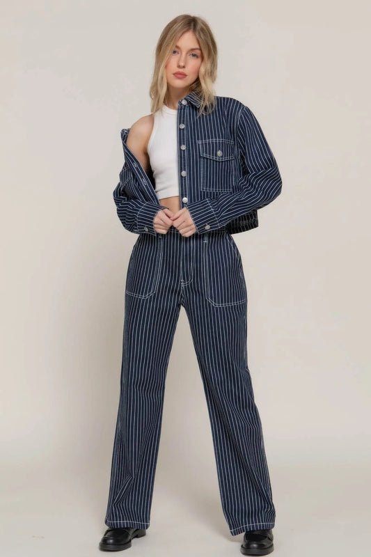 Stripe Stretch Denim Straight Plaid Pants