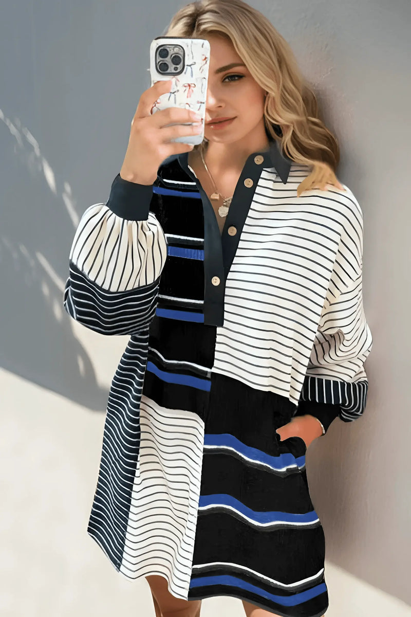 Striped Half Button Long Sleeve Mini Dress - IVORYNN