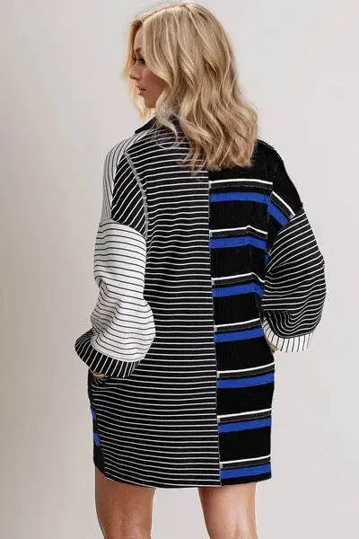 Striped Half Button Long Sleeve Mini Dress - IVORYNN