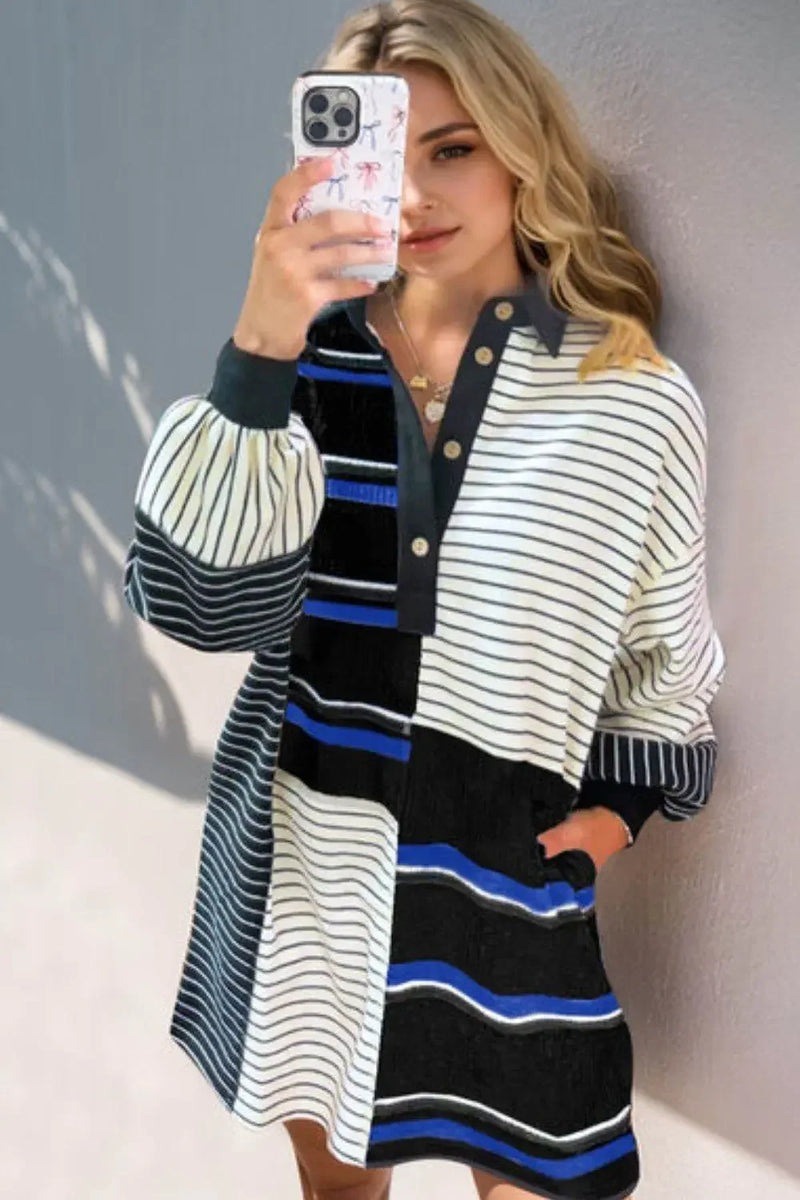 Striped Half Button Long Sleeve Mini Dress - IVORYNN