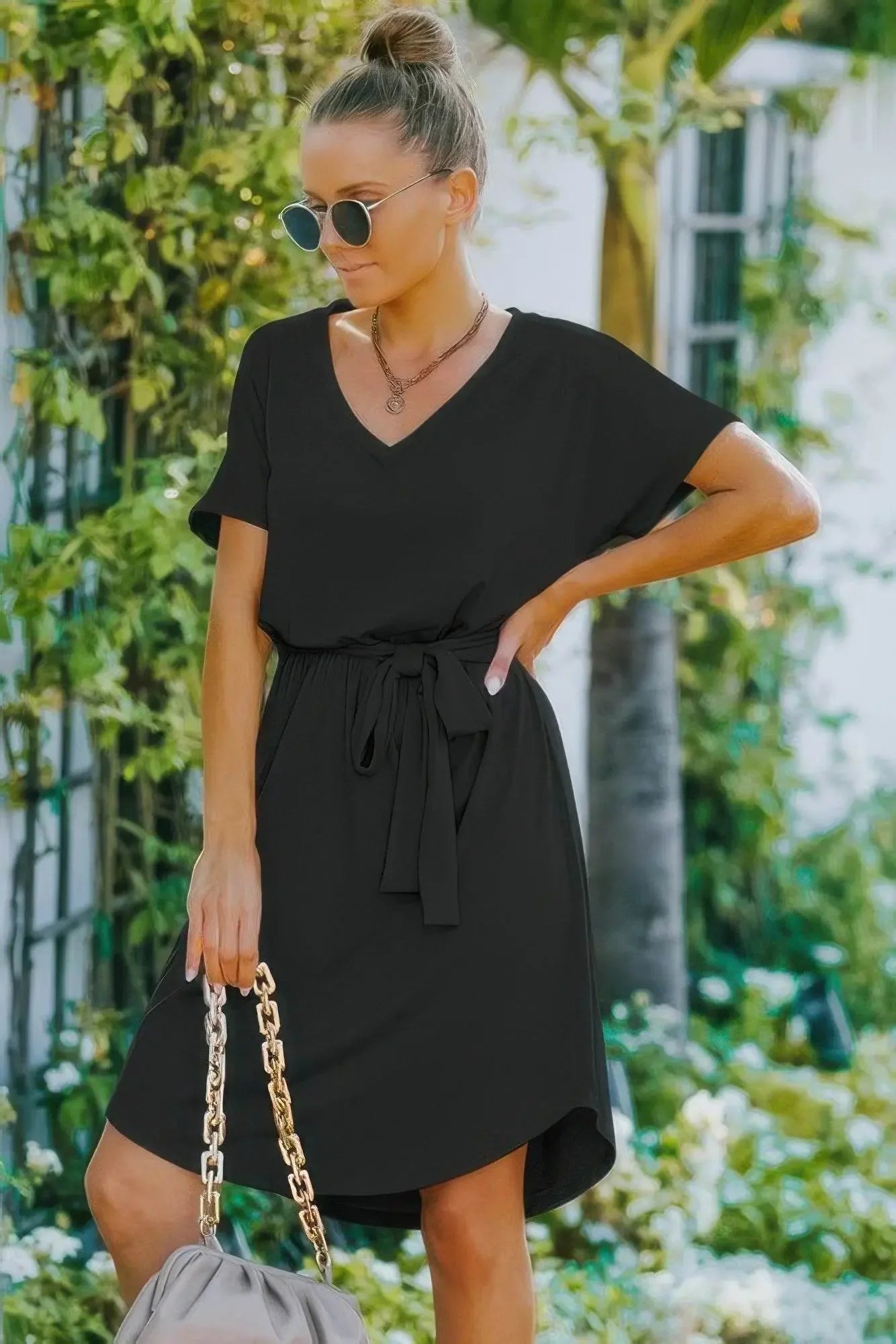Stylish V Neck Waist Tie Solid A Line Dress - IVORYNN