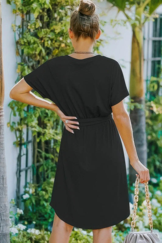Stylish V Neck Waist Tie Solid A Line Dress