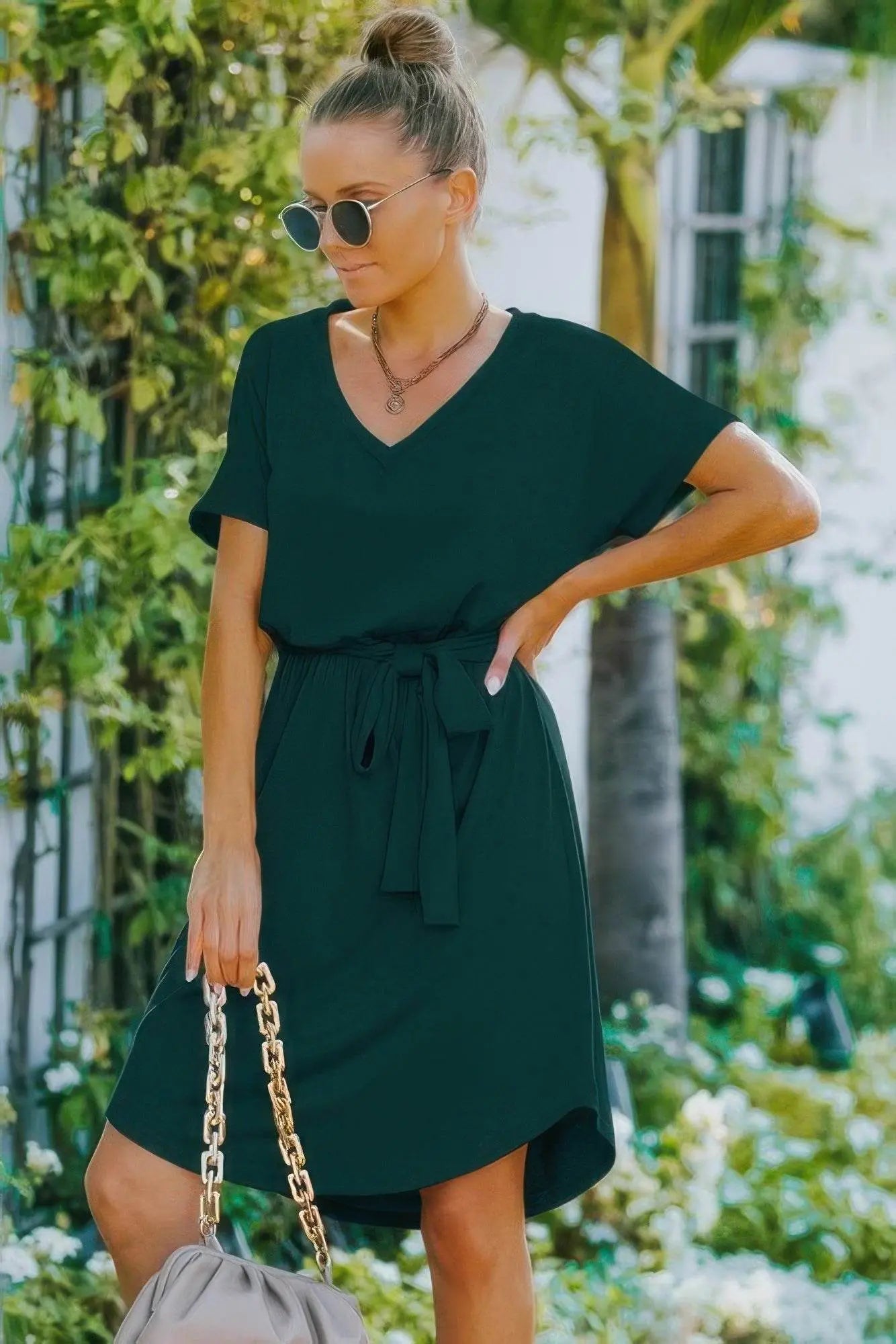 Stylish V Neck Waist Tie Solid A Line Dress - IVORYNN