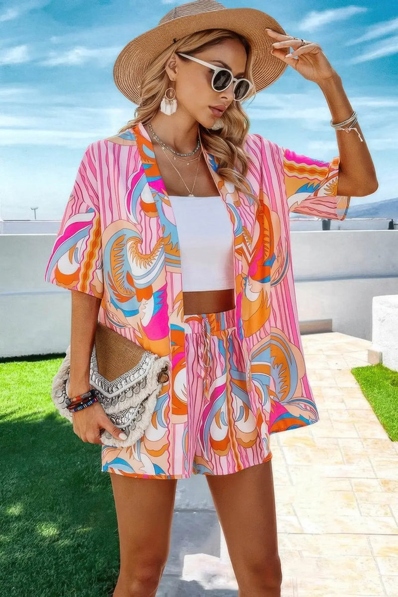 Summer Drop Shoulder Blouse Tie Front Short Set - IVORYNN