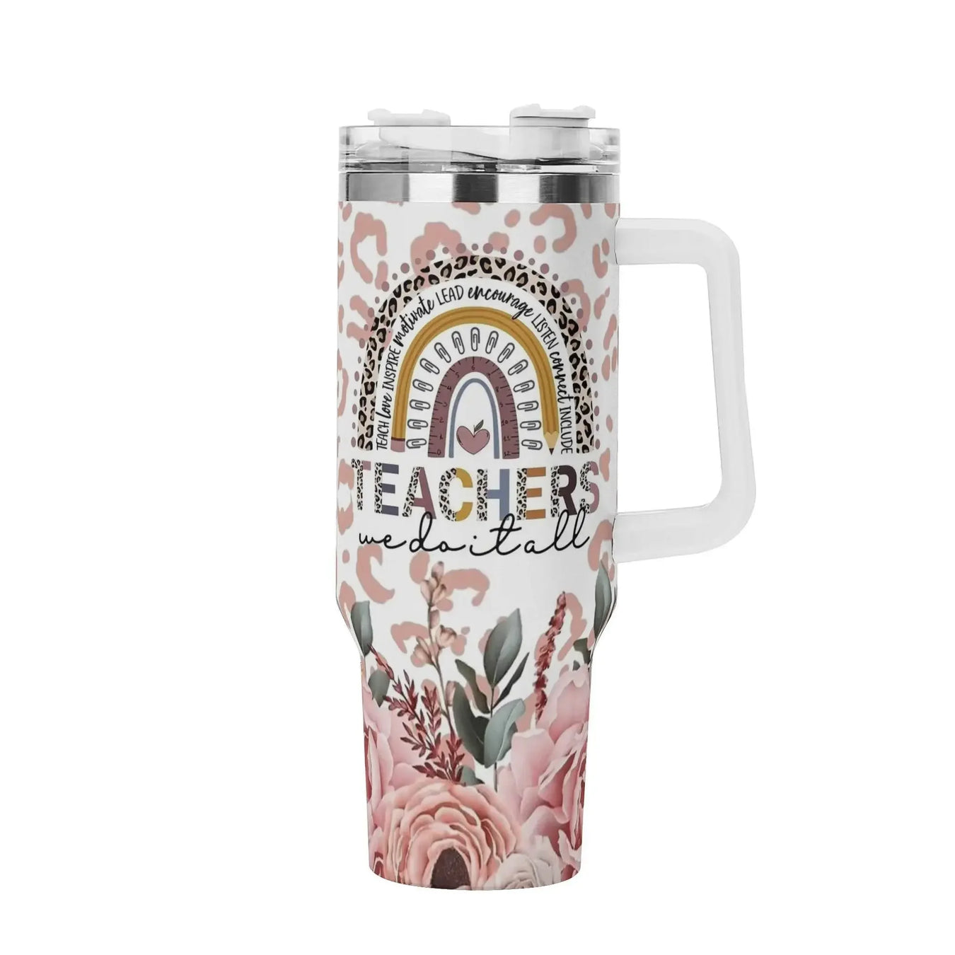 TEACHERS 40oz Stainless Steel Tumbler With White Handle and Straw - IVORYNN