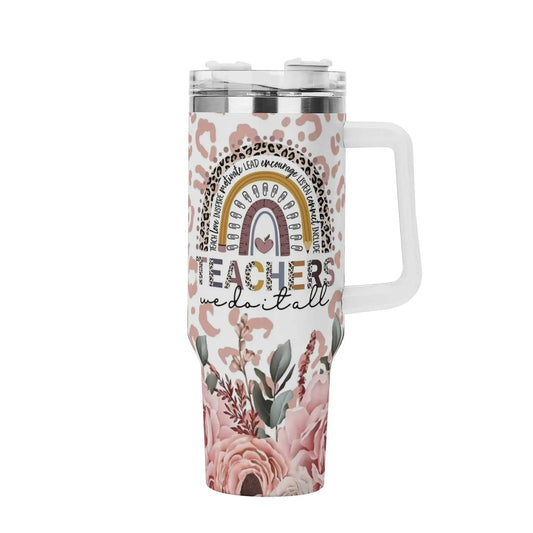 TEACHERS 40oz Stainless Steel Tumbler With White Handle and Straw