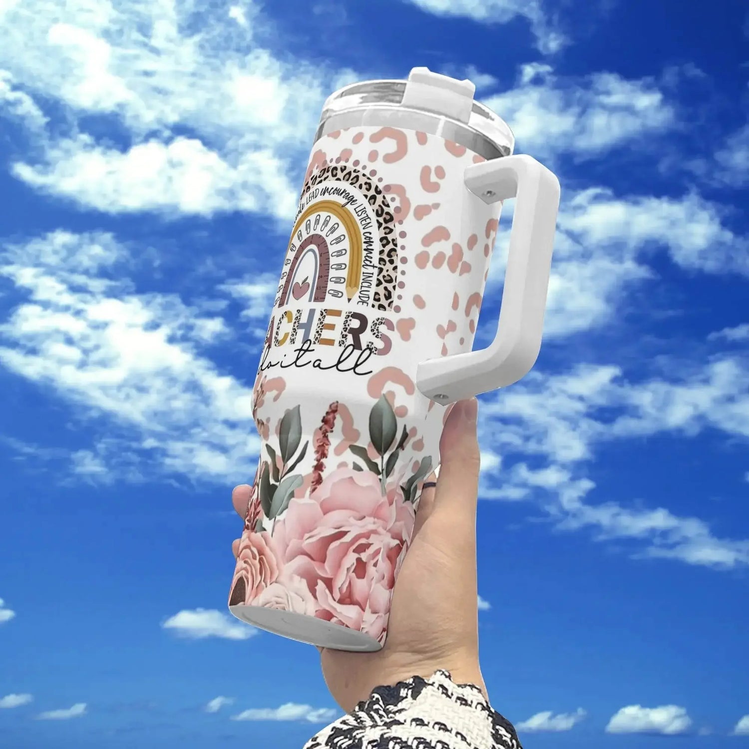 TEACHERS 40oz Stainless Steel Tumbler With White Handle and Straw - IVORYNN