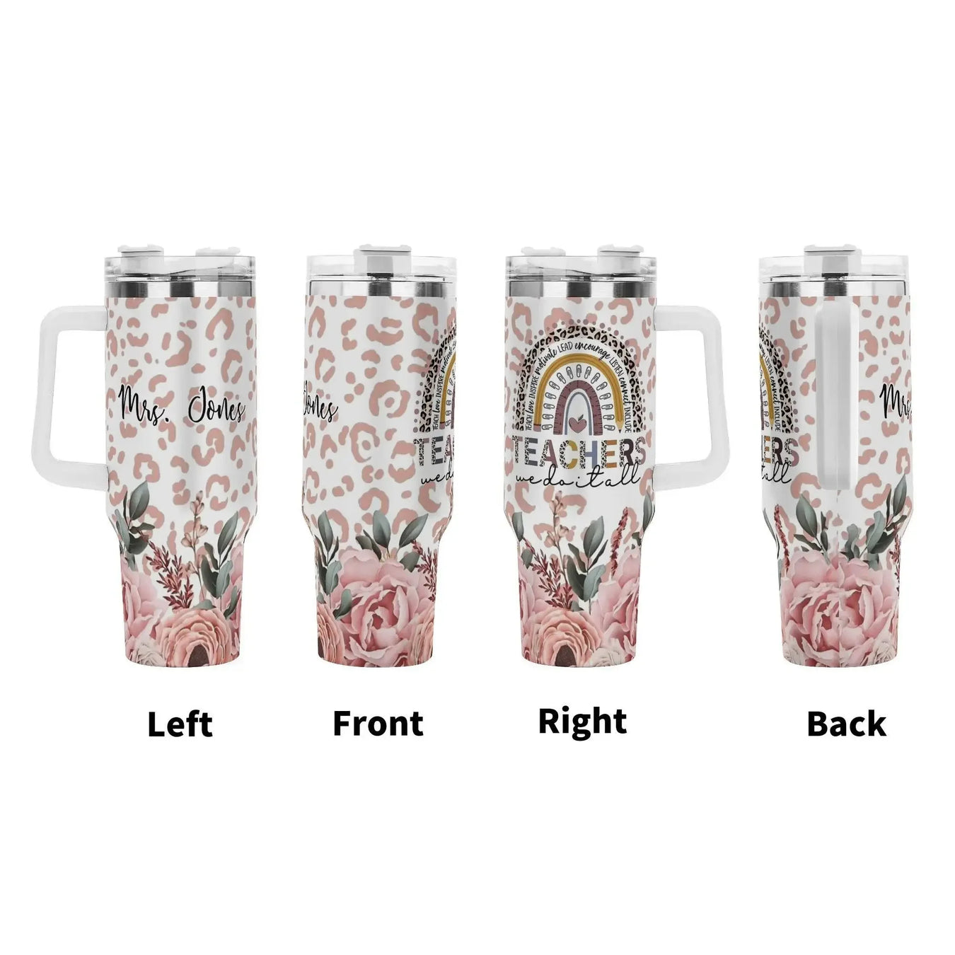 TEACHERS 40oz Stainless Steel Tumbler With White Handle and Straw - IVORYNN