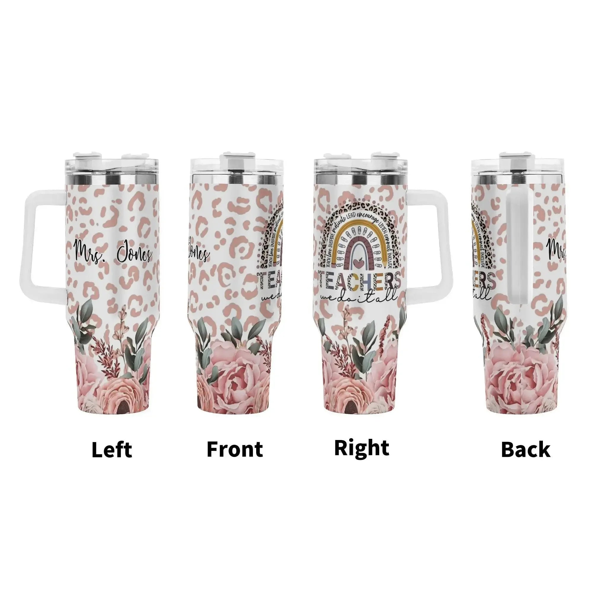 TEACHERS 40oz Stainless Steel Tumbler With White Handle and Straw - IVORYNN