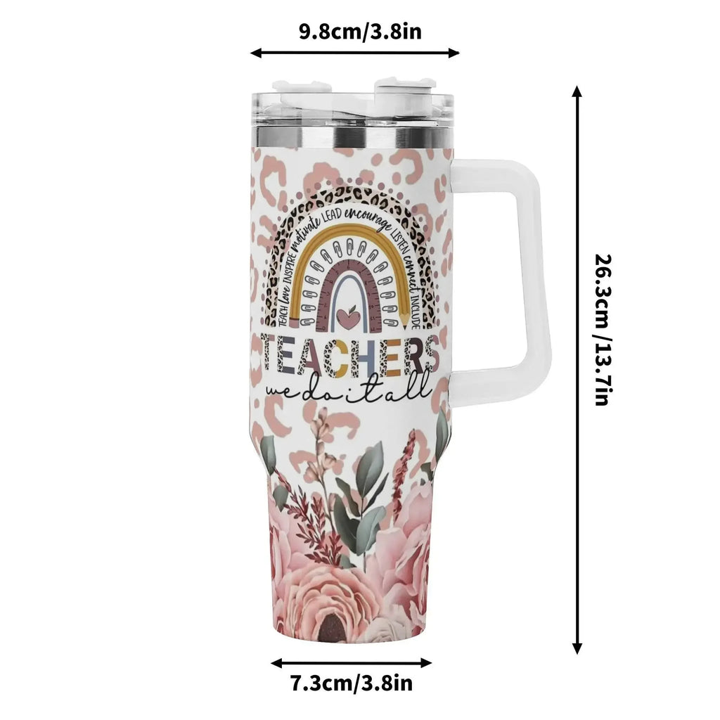 TEACHERS 40oz Stainless Steel Tumbler With White Handle and Straw - IVORYNN