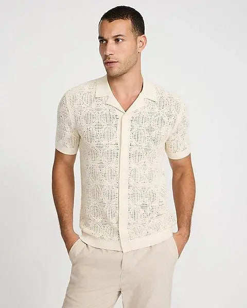 Textured Geo Crochet Cotton Short Sleeve Shirt