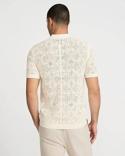 Textured Geo Crochet Cotton Short Sleeve Shirt - IVORYNN