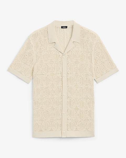 Textured Geo Crochet Cotton Short Sleeve Shirt - IVORYNN