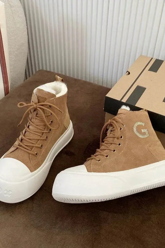 Thick Cowhide Fabric Rhinestone Snow Boots - IVORYNN