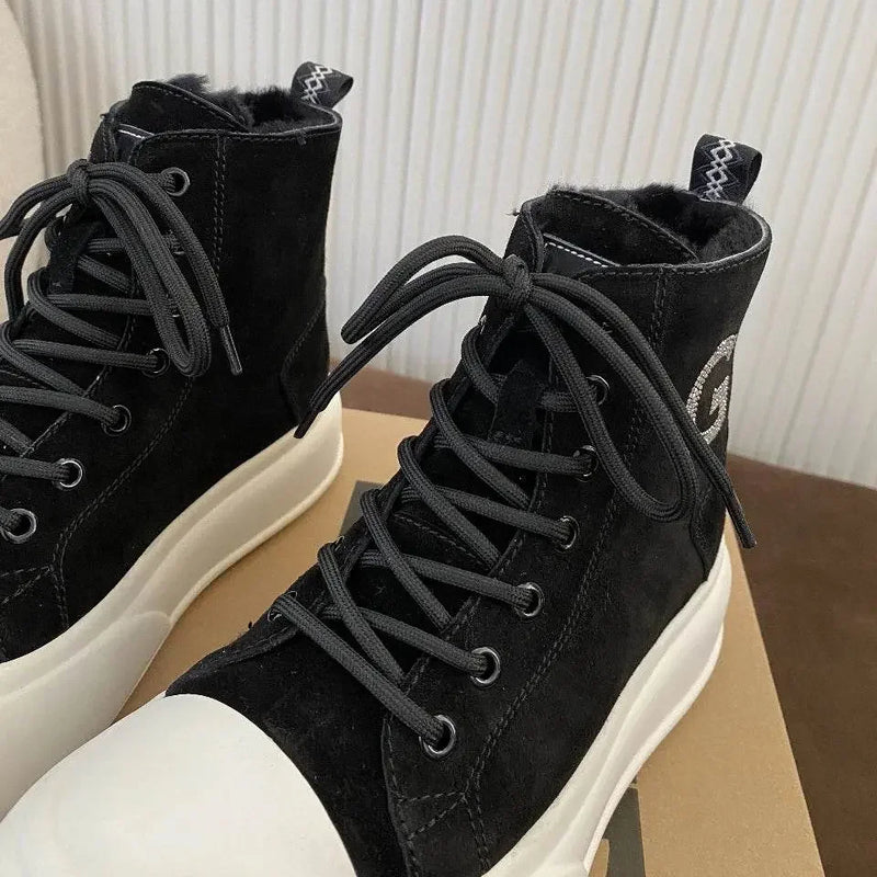 Thick Cowhide Fabric Rhinestone Snow Boots - IVORYNN