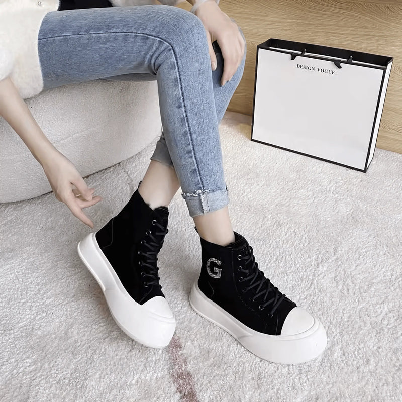 Thick Cowhide Fabric Rhinestone Snow Boots - IVORYNN