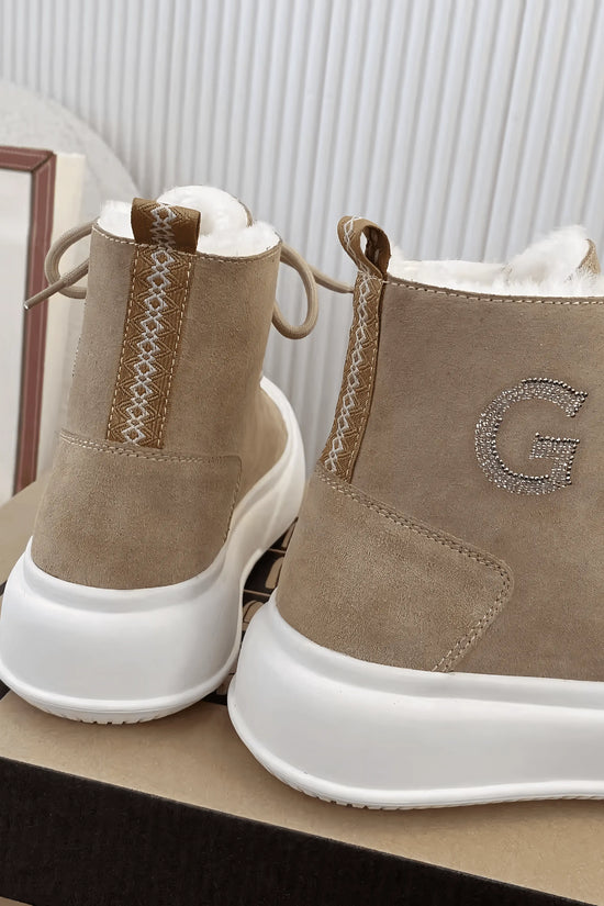 Thick Cowhide Fabric Rhinestone Snow Boots - IVORYNN