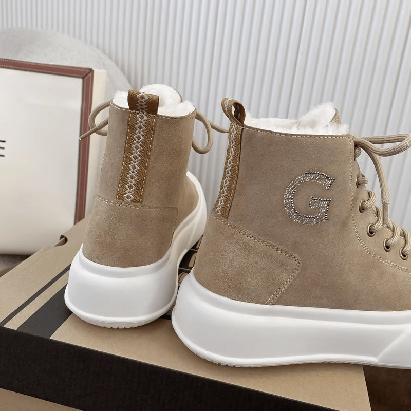 Thick Cowhide Fabric Rhinestone Snow Boots - IVORYNN