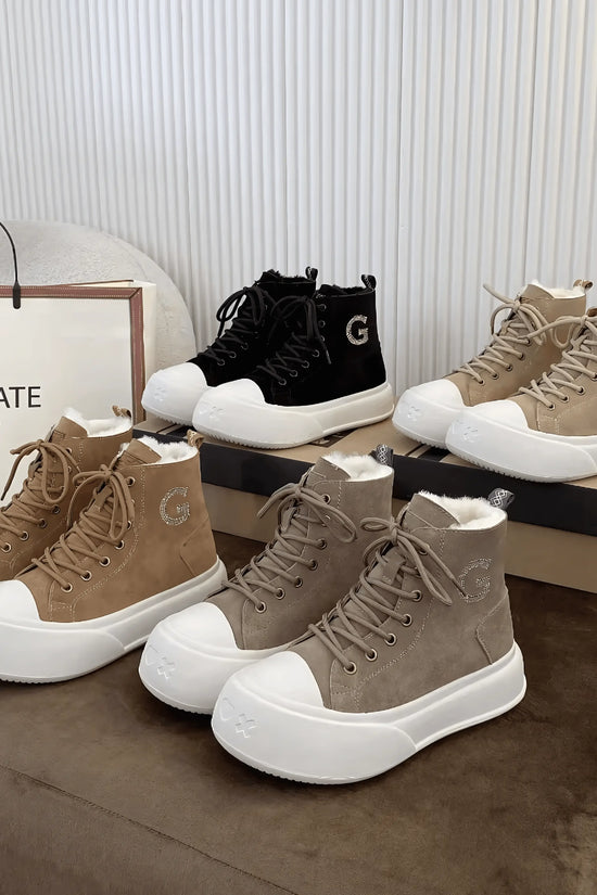 Thick Cowhide Fabric Rhinestone Snow Boots - IVORYNN