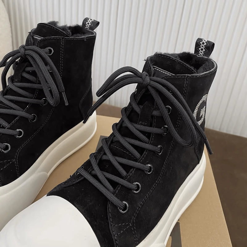 Thick Cowhide Fabric Rhinestone Snow Boots - IVORYNN