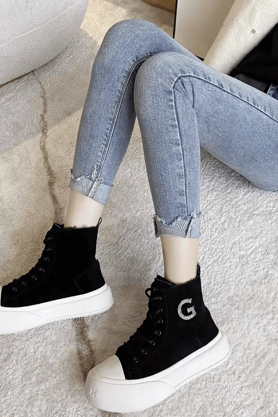 Thick Cowhide Fabric Rhinestone Snow Boots - IVORYNN