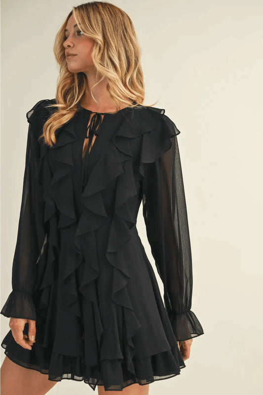 Tie Front Ruffled Black Short Dress